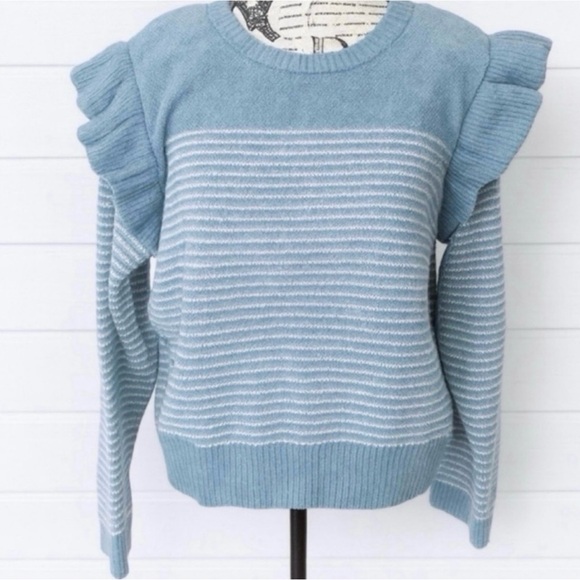LC Lauren Conrad Sweaters - NWT Lauren Conrad. Blue Sky Knit Ruffled Shoulders Lite Weight Sweater.
Size XL